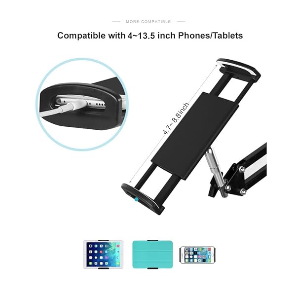 OHITEC OHITEC Adjustable Phone Tablet Floor Stand Heavy Duty Steel 360 Degree Rotation Holder Gooseneck Clamp Flexible Long Arm Black 4.6 Feet - View 4 of 7