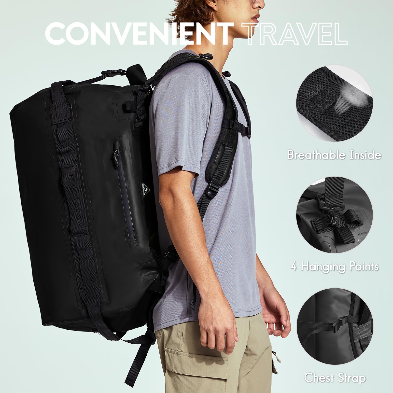 Haimont Large Waterproof Duffel Backpack Roll Top Heavy Duty Dry Bag for Boating Travel Motorcycle Kayaking Camping 60L Black - View 3 of 8