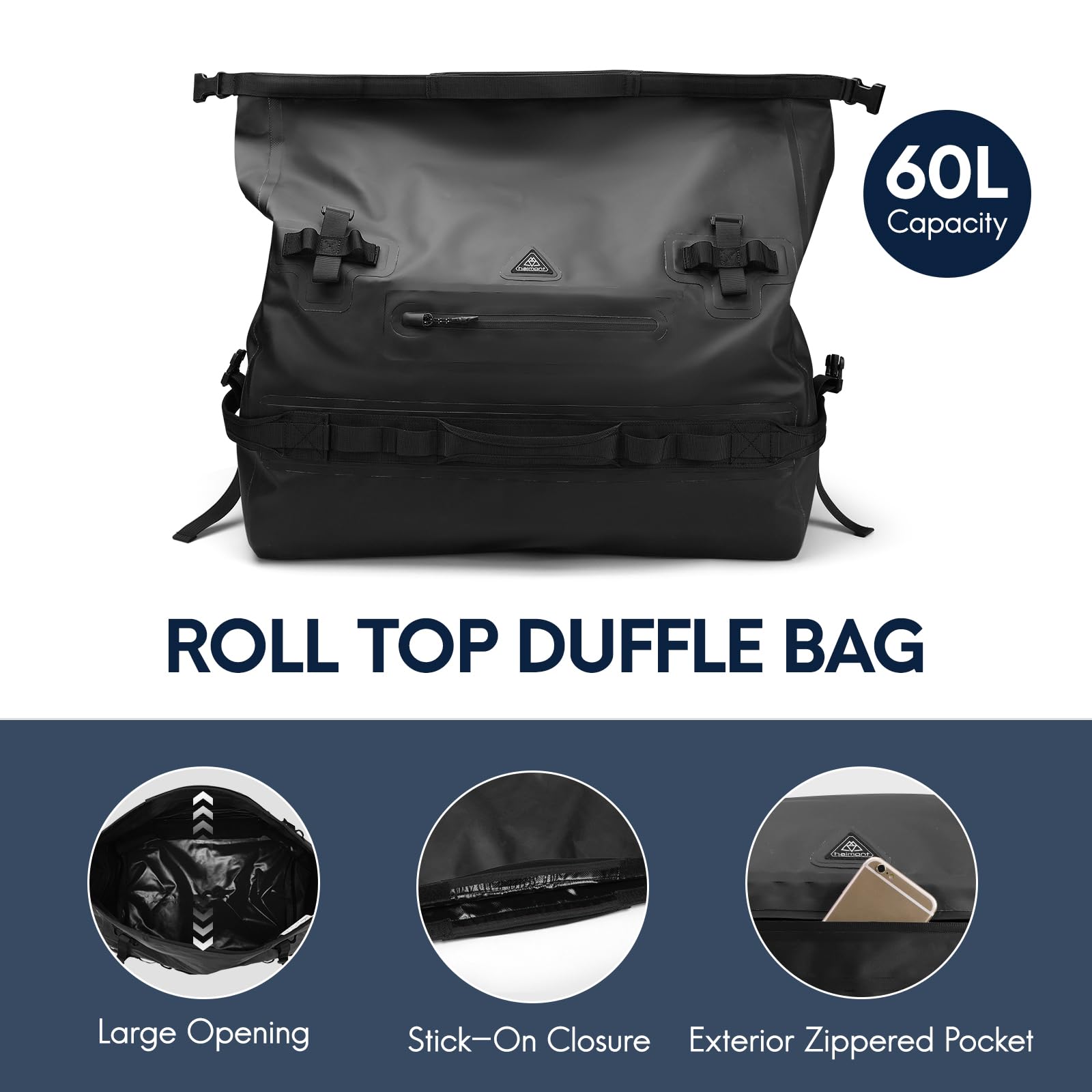 Haimont Large Waterproof Duffel Backpack Roll Top Heavy Duty Dry Bag for Boating Travel Motorcycle Kayaking Camping 60L Black - View 4 of 8