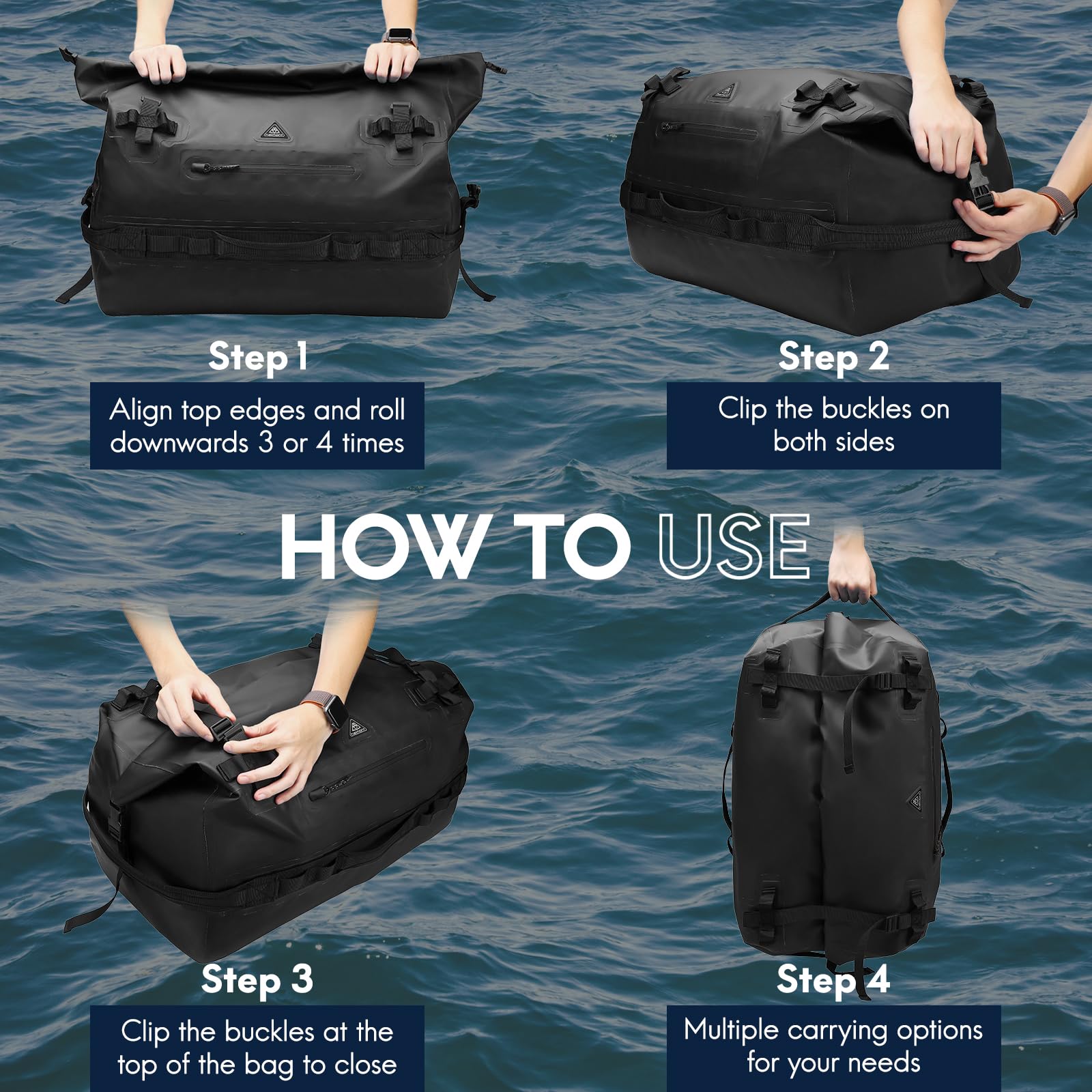 Haimont Large Waterproof Duffel Backpack Roll Top Heavy Duty Dry Bag for Boating Travel Motorcycle Kayaking Camping 60L Black - View 6 of 8