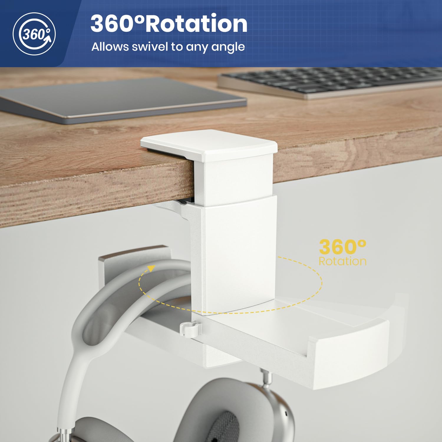 Dual Headphone Stand Holder EURPMASK 2 in 1 PC Gaming Headset Hooks 360 Degree Rotating Hanger with Adjustable Clamp and Cable Clip Organizer White - View 3 of 9
