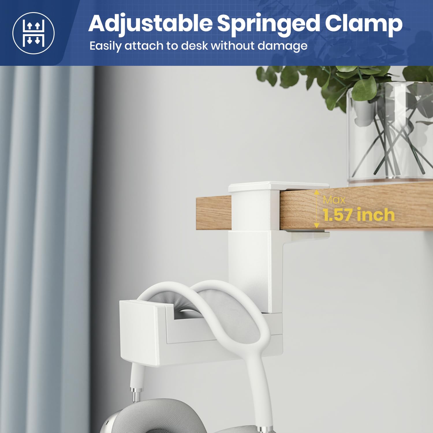 Dual Headphone Stand Holder EURPMASK 2 in 1 PC Gaming Headset Hooks 360 Degree Rotating Hanger with Adjustable Clamp and Cable Clip Organizer White - View 4 of 9