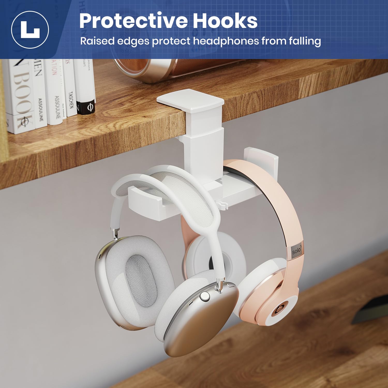 Dual Headphone Stand Holder EURPMASK 2 in 1 PC Gaming Headset Hooks 360 Degree Rotating Hanger with Adjustable Clamp and Cable Clip Organizer White - View 5 of 9