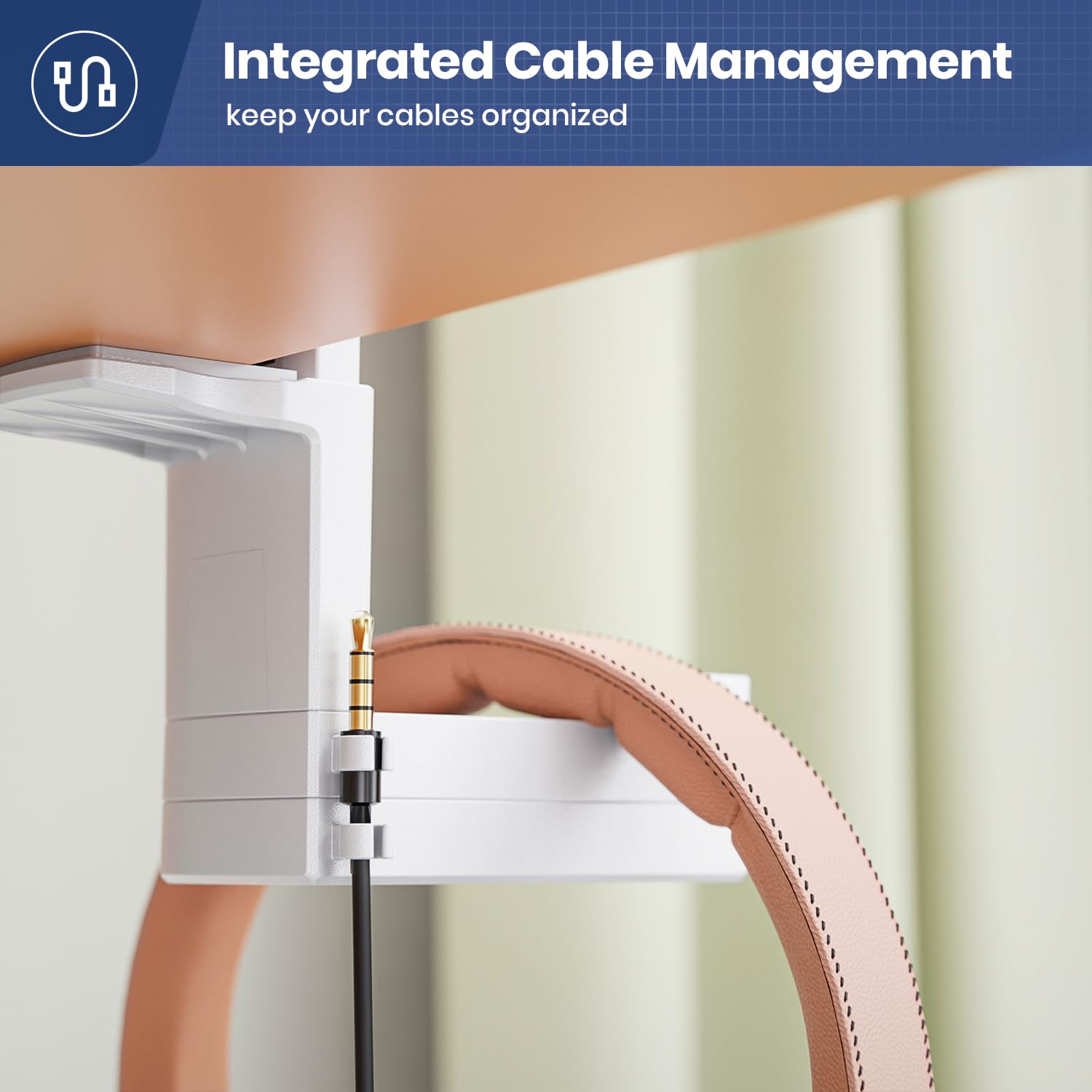 Dual Headphone Stand Holder EURPMASK 2 in 1 PC Gaming Headset Hooks 360 Degree Rotating Hanger with Adjustable Clamp and Cable Clip Organizer White - View 6 of 9