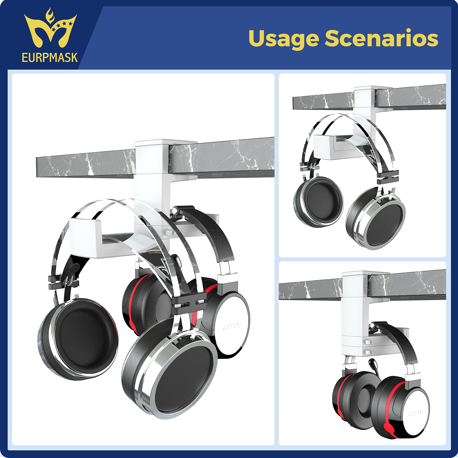 Dual Headphone Stand Holder EURPMASK 2 in 1 PC Gaming Headset Hooks 360 Degree Rotating Hanger with Adjustable Clamp and Cable Clip Organizer White - View 7 of 9