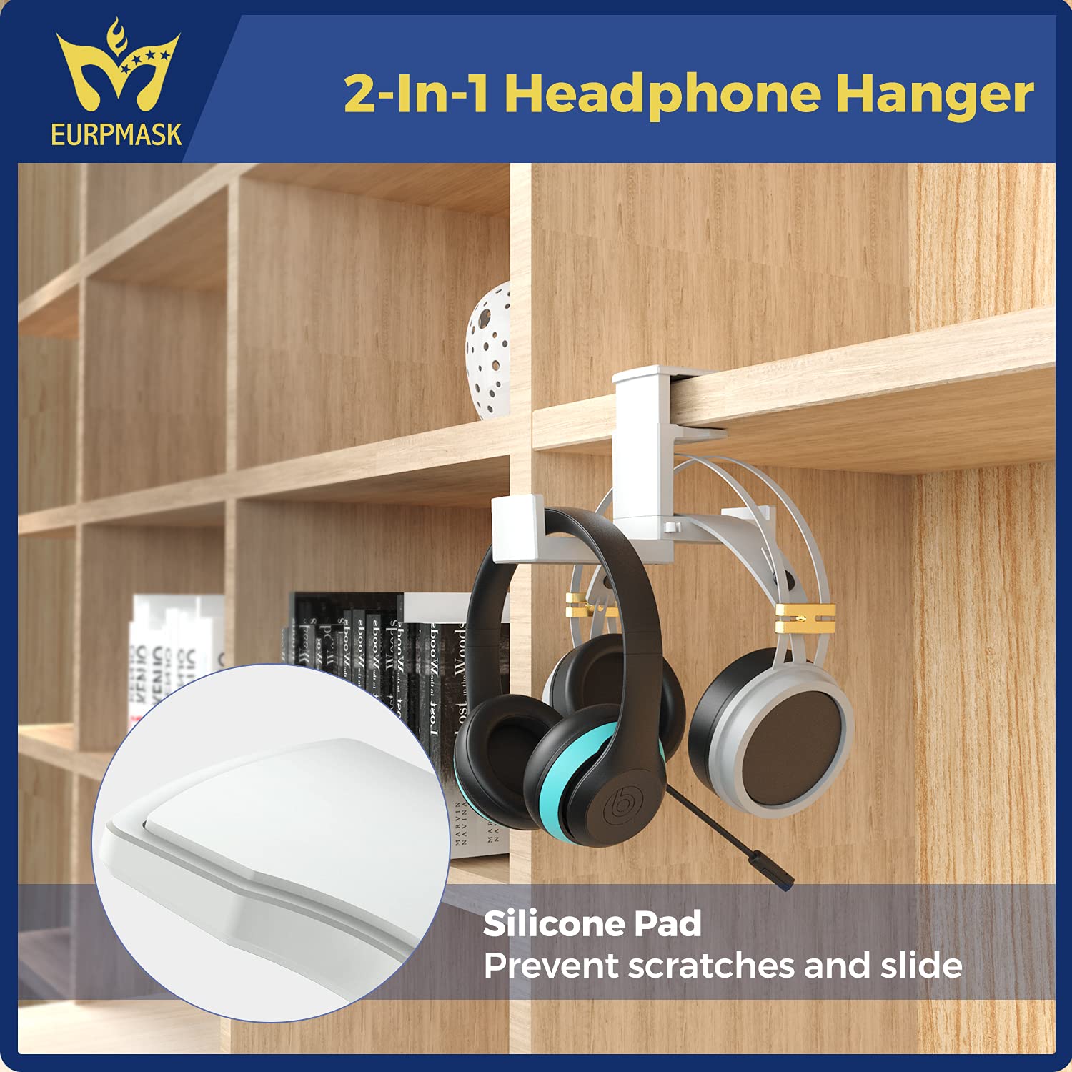 Dual Headphone Stand Holder EURPMASK 2 in 1 PC Gaming Headset Hooks 360 Degree Rotating Hanger with Adjustable Clamp and Cable Clip Organizer White - View 8 of 9