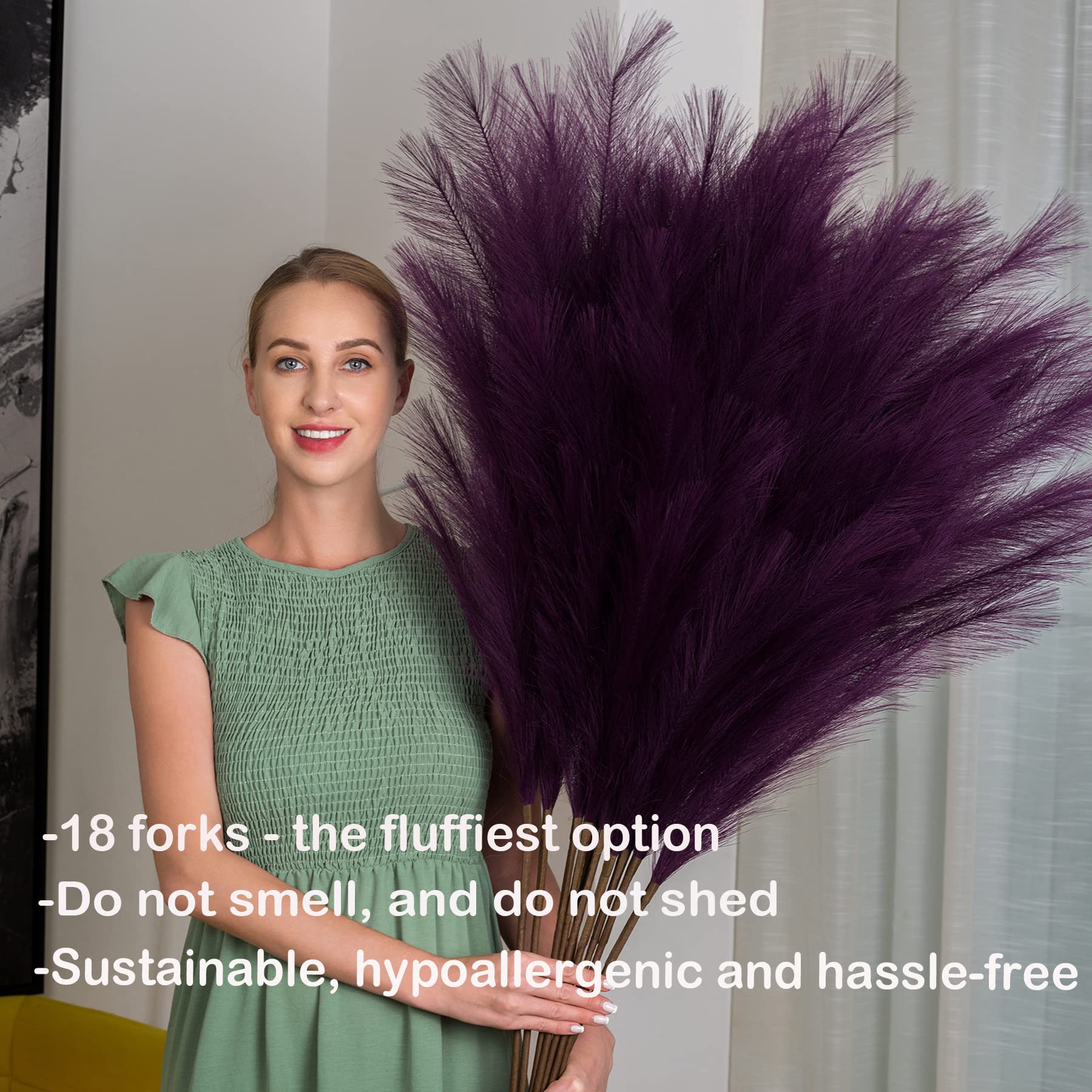 EVODIS 43 Inch Faux Pampas Grass Decor 6 Stems Large Boho Flower Arrangement for Home Wedding Party Purple - View 2 of 7