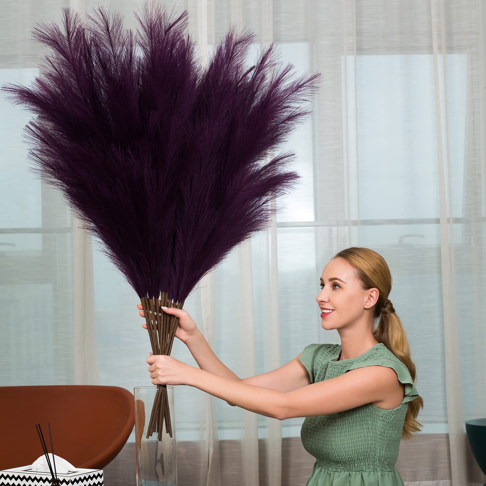 EVODIS 43 Inch Faux Pampas Grass Decor 6 Stems Large Boho Flower Arrangement for Home Wedding Party Purple - View 4 of 7