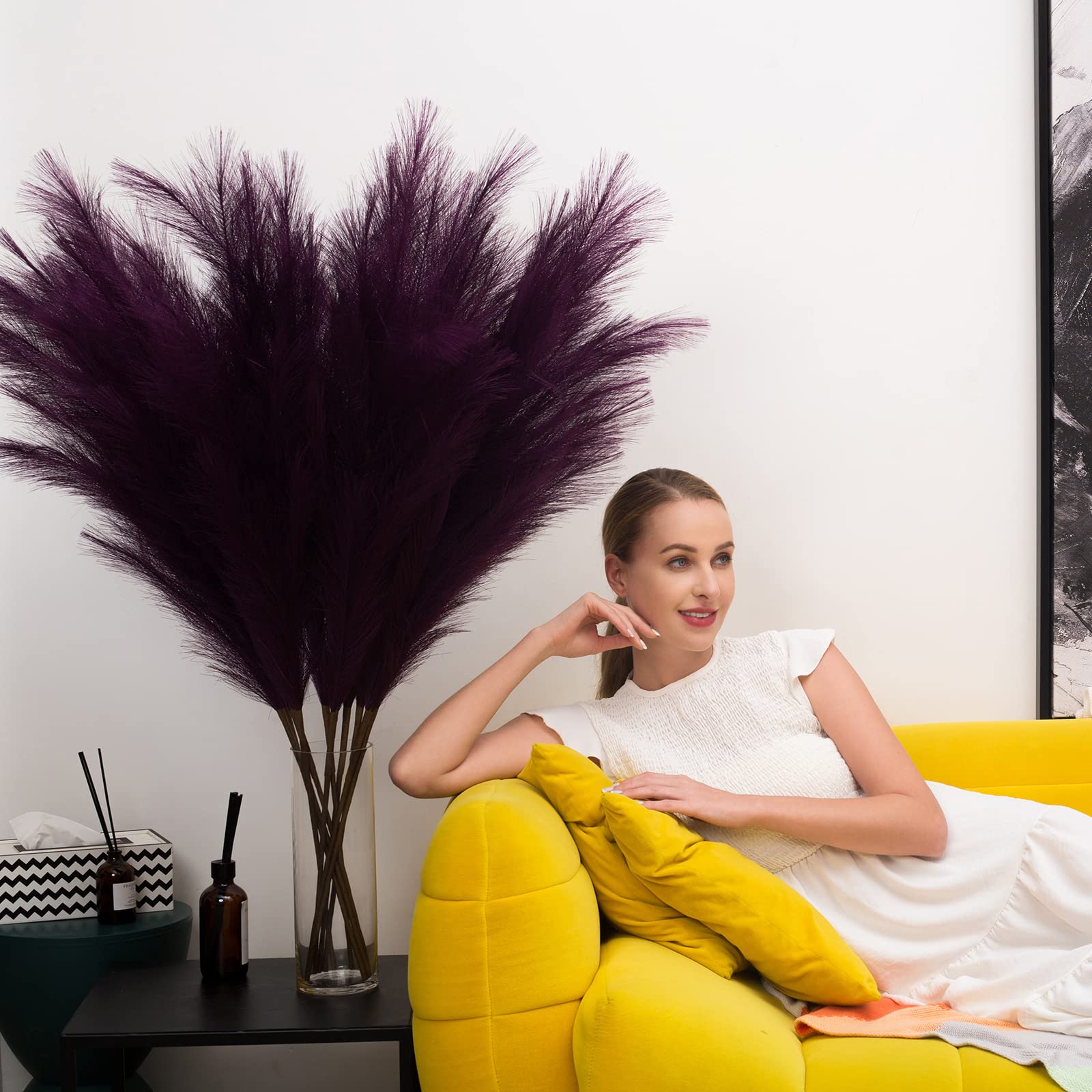 EVODIS 43 Inch Faux Pampas Grass Decor 6 Stems Large Boho Flower Arrangement for Home Wedding Party Purple - View 5 of 7