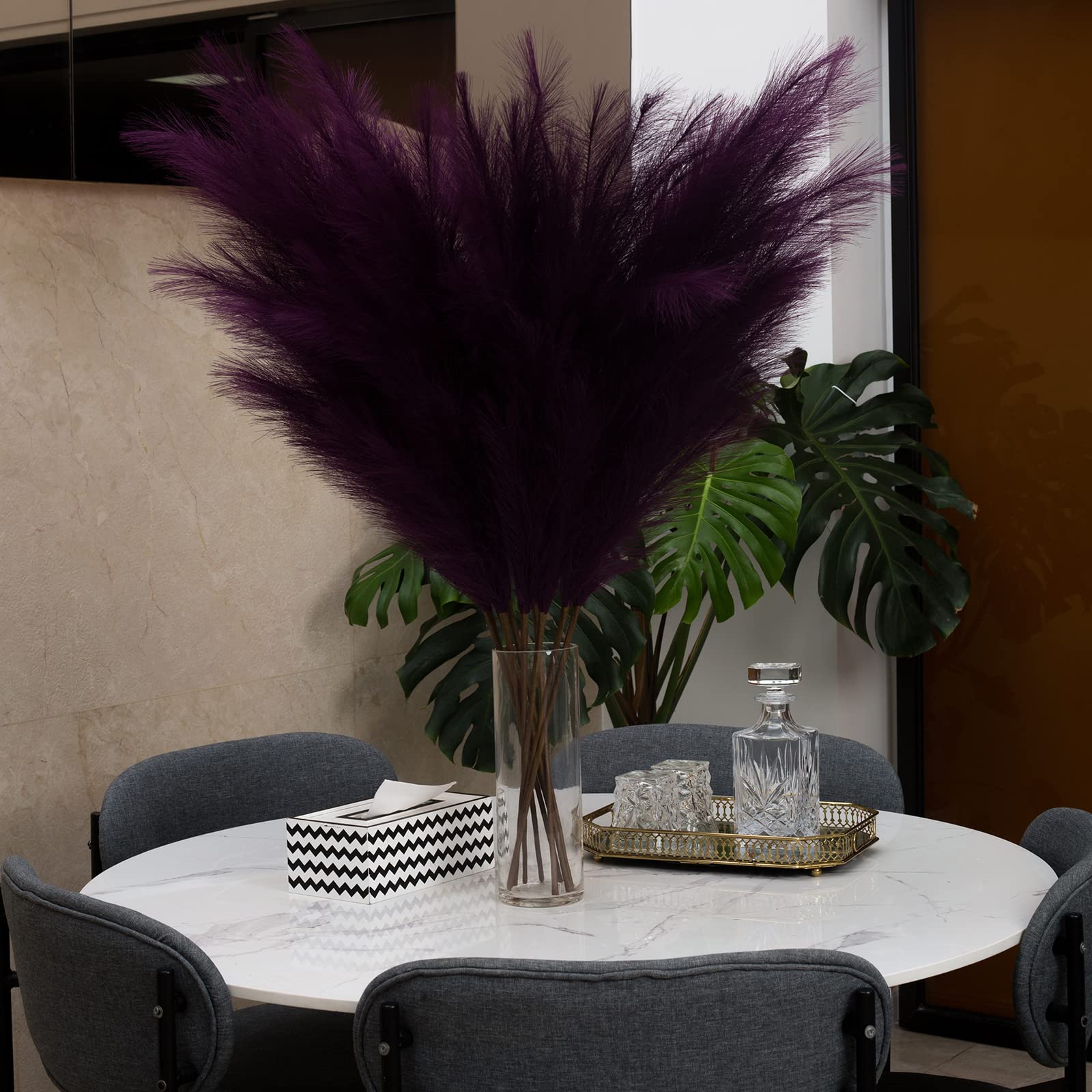 EVODIS 43 Inch Faux Pampas Grass Decor 6 Stems Large Boho Flower Arrangement for Home Wedding Party Purple - View 6 of 7