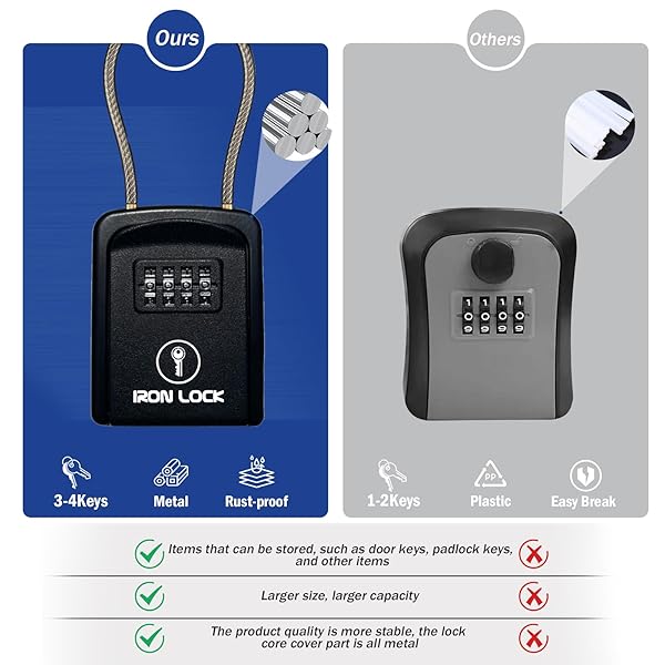 Iron Lock Iron Lock Key Lock Box Portable Waterproof 4 Digit Combination Resettable Code for Indoor Outdoor Use Hold Spare Keys for Realtors - View 6 of 10