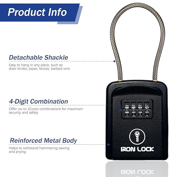 Iron Lock Iron Lock Key Lock Box Portable Waterproof 4 Digit Combination Resettable Code for Indoor Outdoor Use Hold Spare Keys for Realtors - View 7 of 10