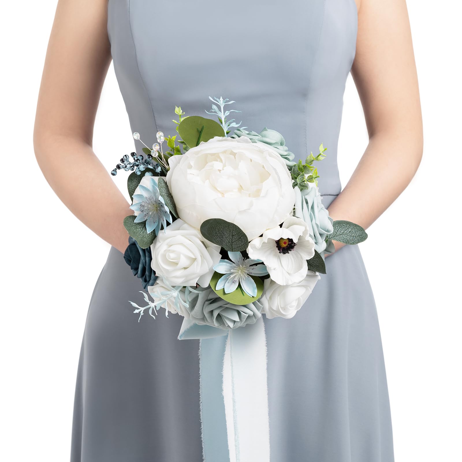 Ling's Moment Dusty Blue Bridesmaid Bouquet 7 Inch Artificial Flowers for Weddings and Anniversaries