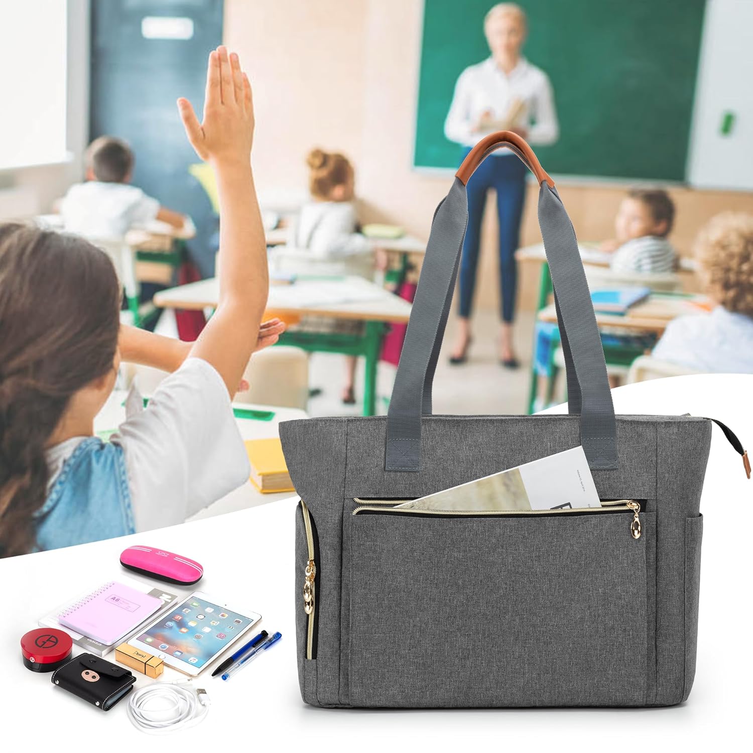 CURMIO CURMIO Large Teacher Tote Bag with Cup Holder and Laptop Compartment for Women in Gray - View 7 of 8