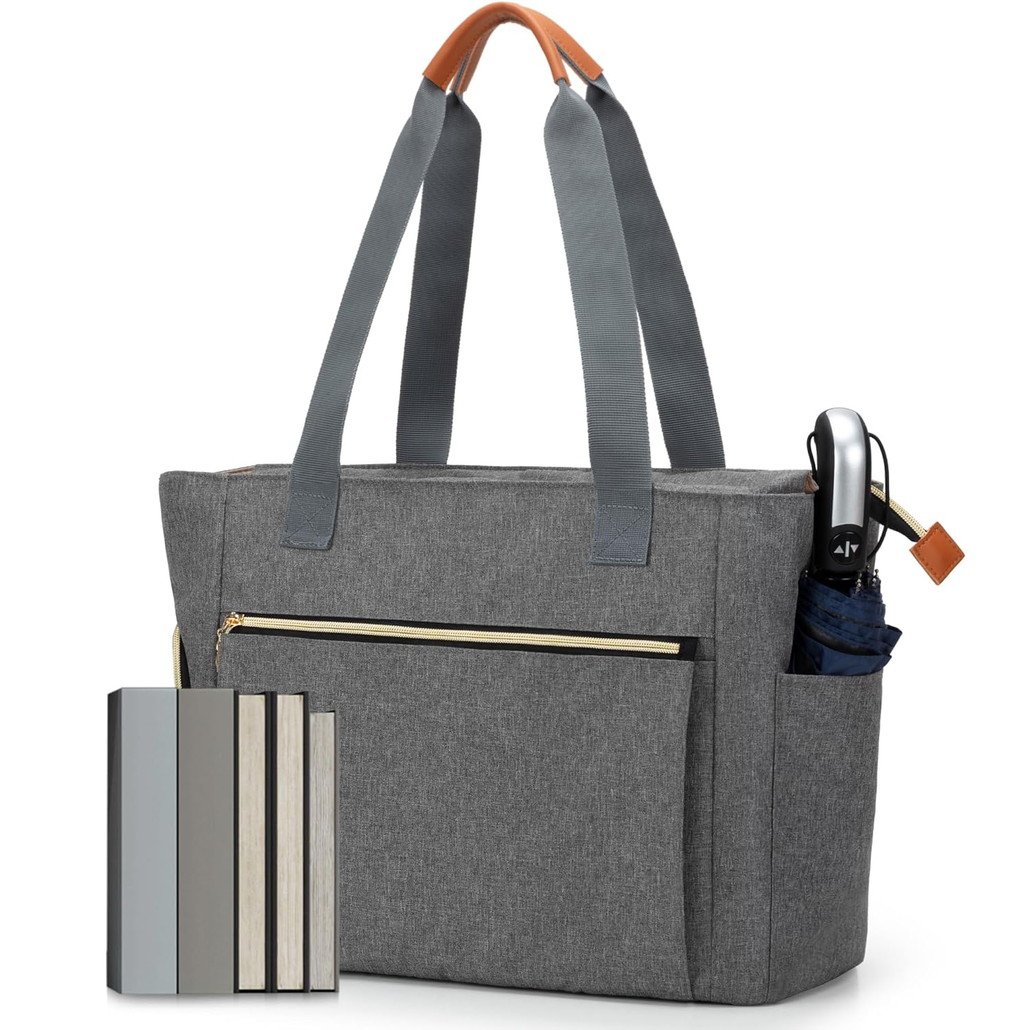 CURMIO Large Teacher Tote Bag with Cup Holder and Laptop Compartment for Women in Gray