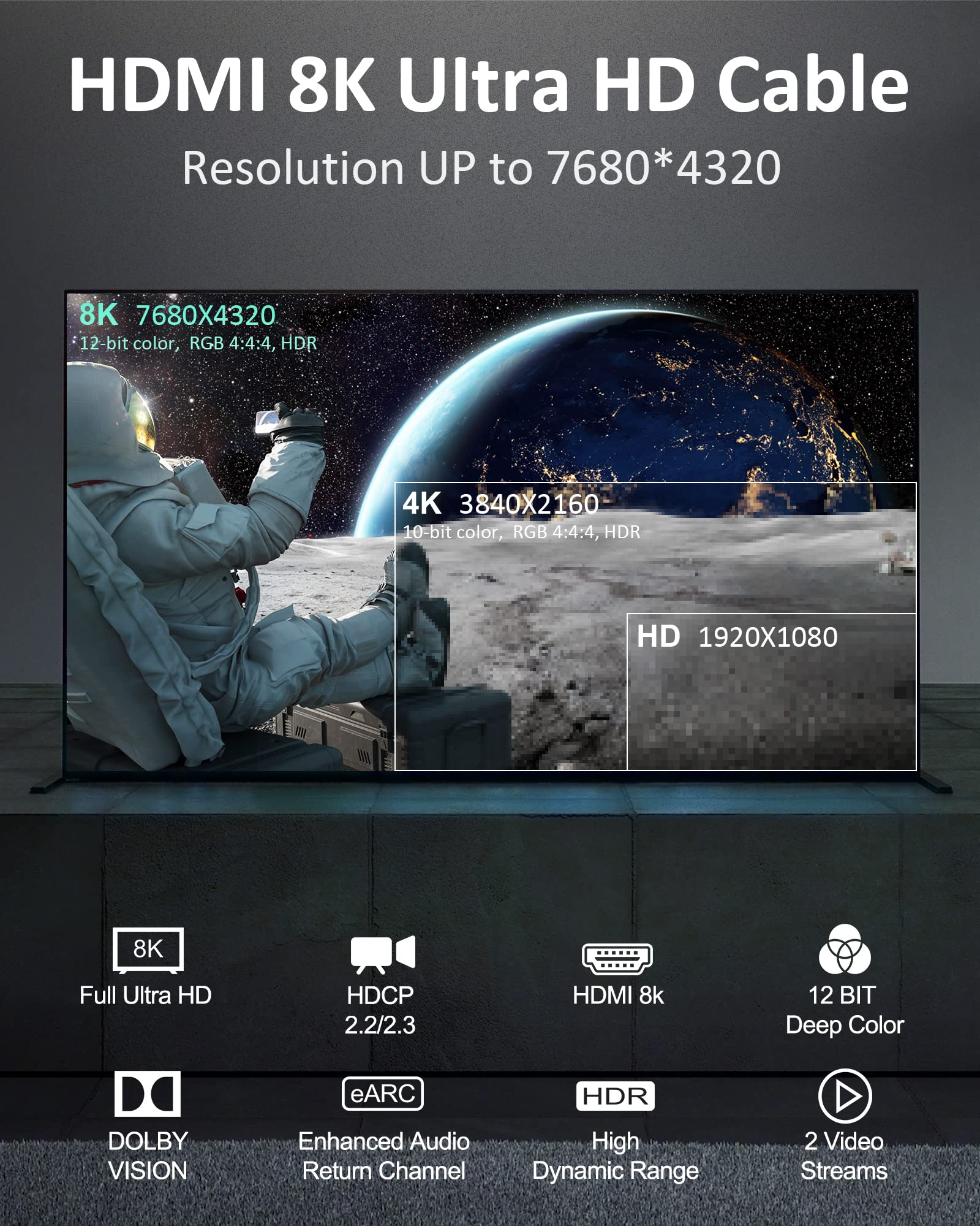 Tesmax TESMAX 8K HDMI Cable 48Gbps 6.5FT Ultra High Speed 8K60Hz 4K120Hz Compatible with Dolby Vision Apple TV Samsung LG Sony PS5 Xbox RTX3080 - View 2 of 7