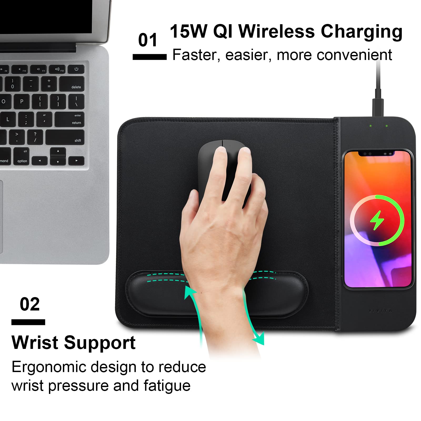 VIVIYA 15W Wireless Charging Mouse Pad with Wrist Support Fast Qi Charger for iPhone Samsung Galaxy Multiple Devices - View 2 of 7