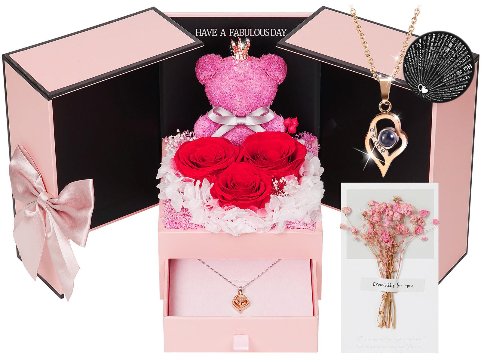 ADDWel ADDWel Forever Preserved Rose Gift with I Love You Necklace 100 Languages Unique Eternal Rose for Women Mom Girlfriend Wife Sister