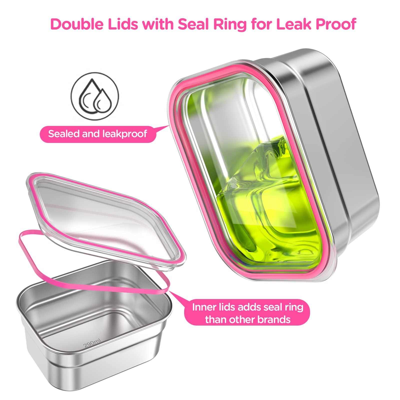 DaCool DaCool Stainless Steel Lunch Box Bento for Kids and Adults Leakproof BPA-Free 5-Compartment Tray with Fork Pink Food Container - View 2 of 6