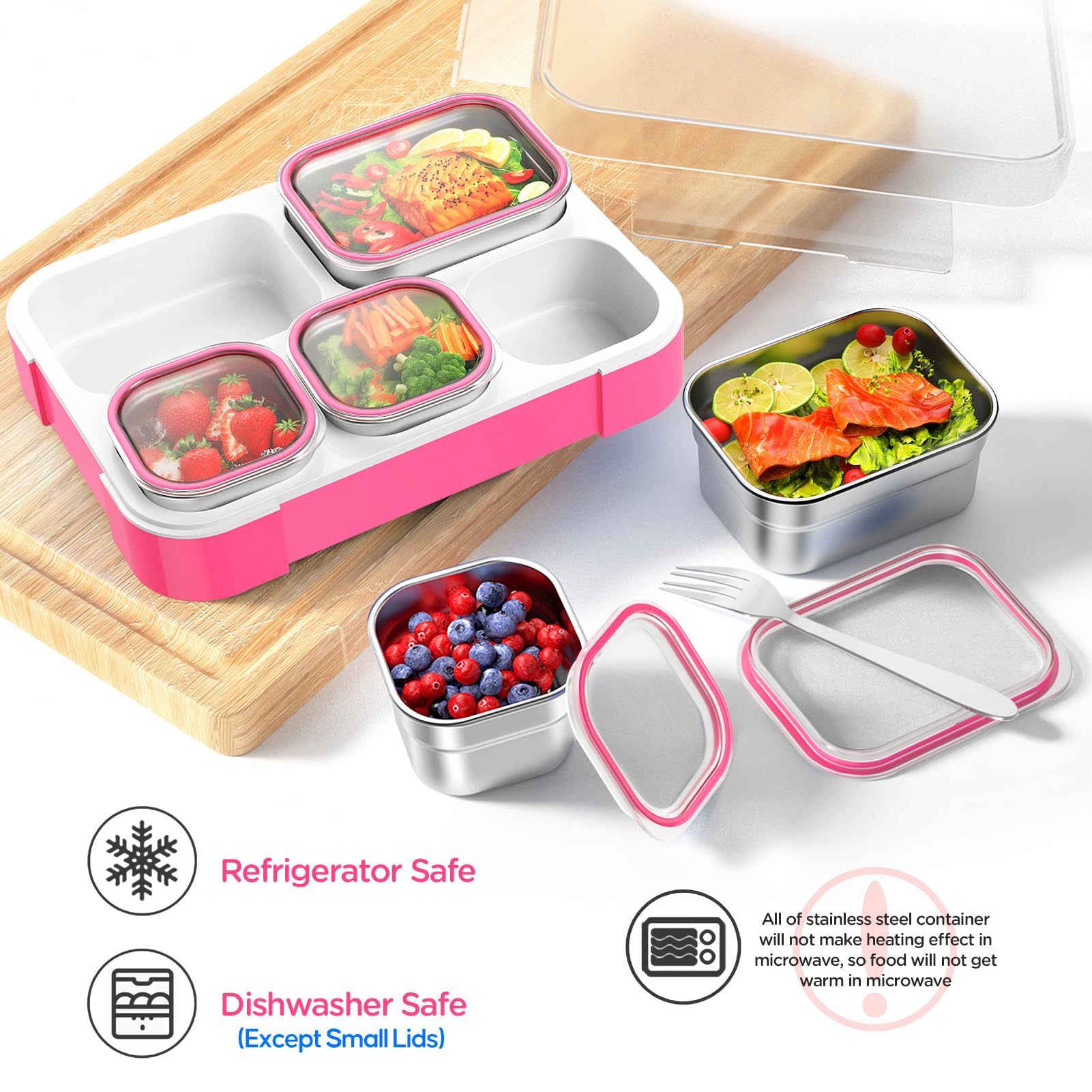 DaCool DaCool Stainless Steel Lunch Box Bento for Kids and Adults Leakproof BPA-Free 5-Compartment Tray with Fork Pink Food Container - View 4 of 6