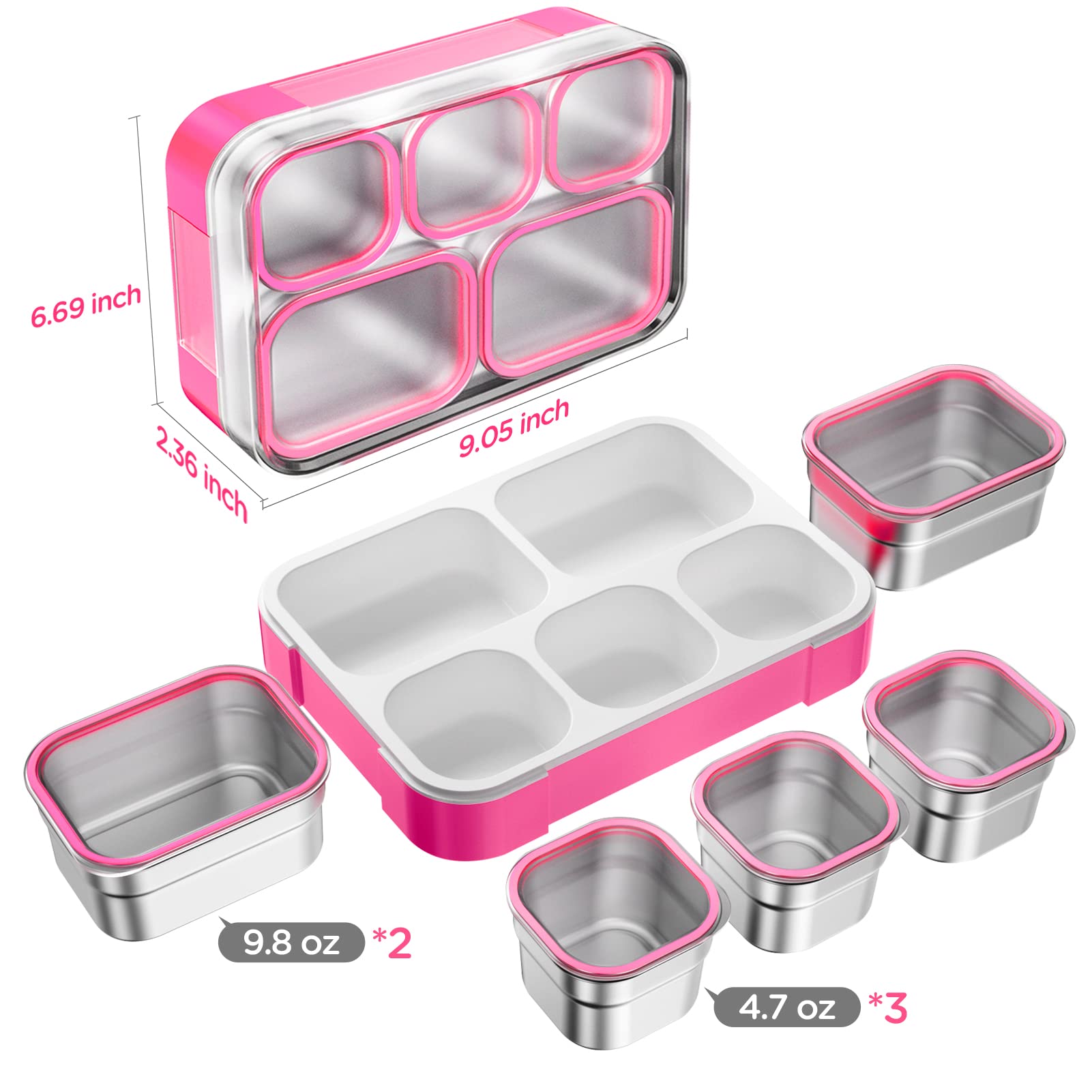 DaCool DaCool Stainless Steel Lunch Box Bento for Kids and Adults Leakproof BPA-Free 5-Compartment Tray with Fork Pink Food Container - View 6 of 6