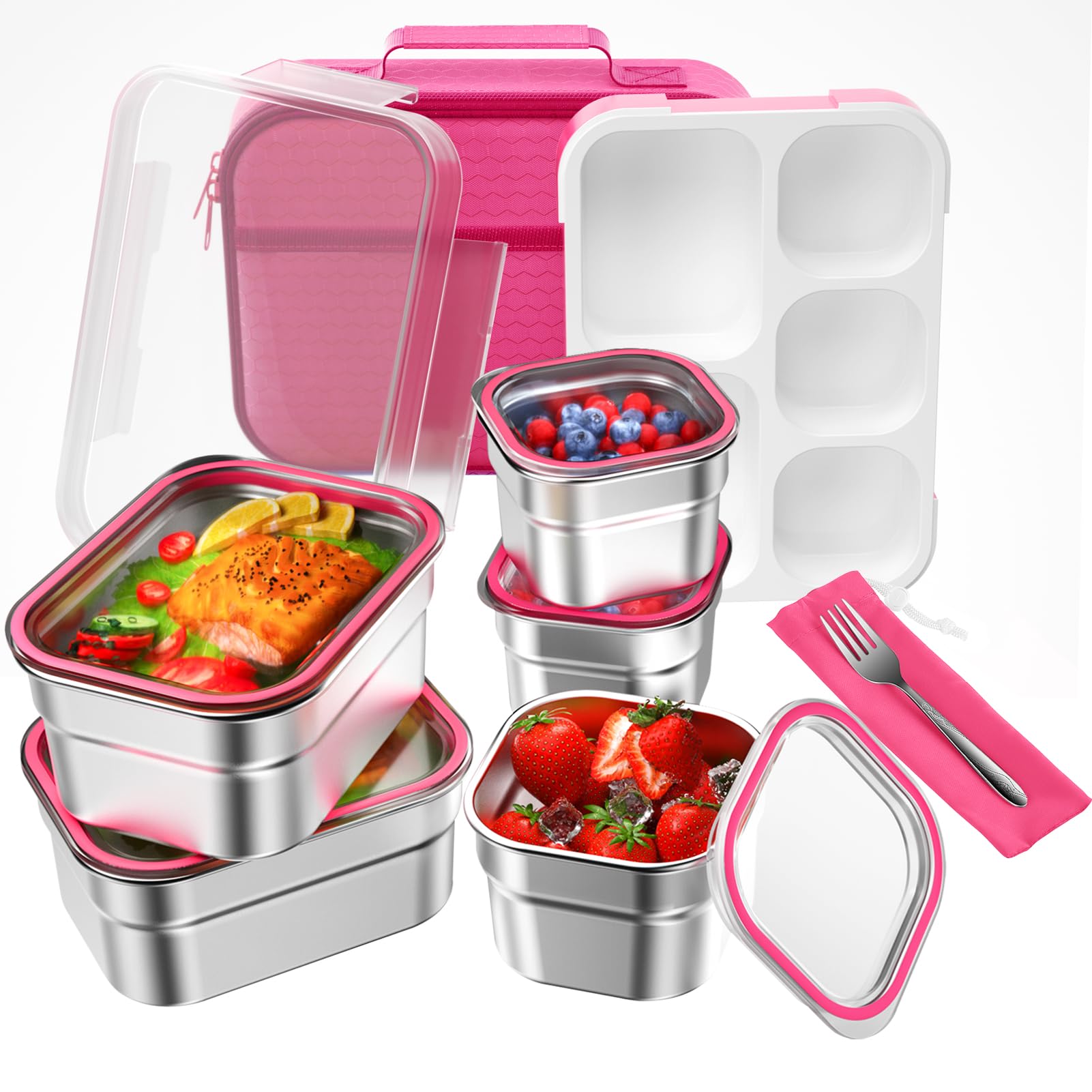 DaCool DaCool Stainless Steel Lunch Box Bento for Kids and Adults Leakproof BPA-Free 5-Compartment Tray with Fork Pink Food Container
