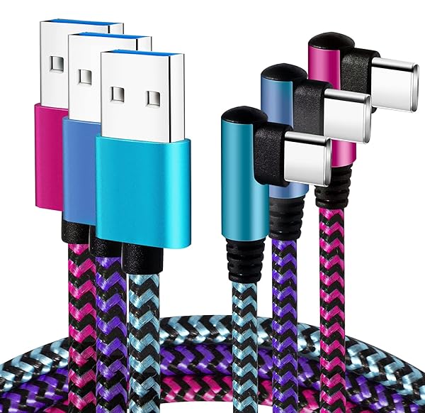 Teeind Teeind USB Type C Cable 2.1A Fast Charging 90 Degree 6ft 3Pack Nylon Cord Compatible with Samsung Galaxy S23 S22 Note 10 Charger