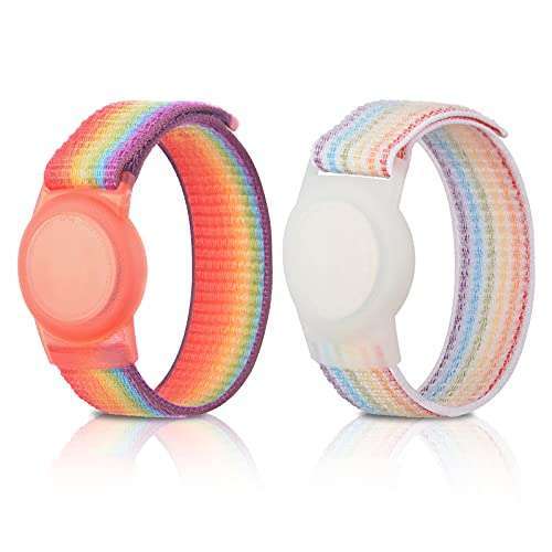 FNCOLL 2 Pack Kids AirTag Wristbands - Adjustable Nylon GPS Tracker Holders for Toddlers & Elders (RainbowA & RainbowB)