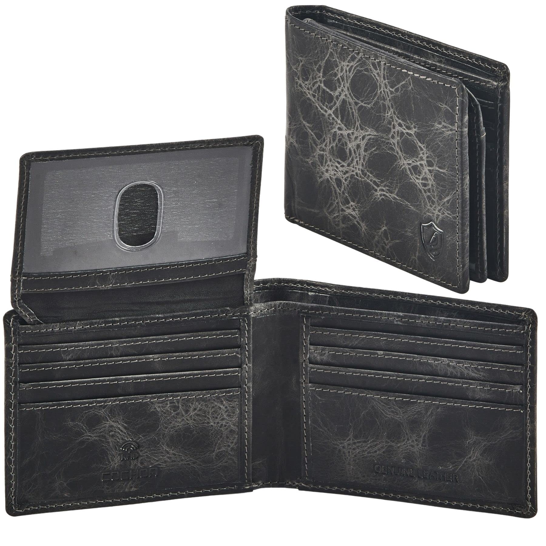Cochoa Cochoa Men's RFID Blocking Real Leather Bifold Wallet with 2 ID Windows in Gift Box Distressed Anthracite
