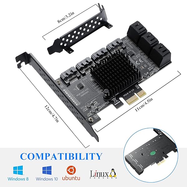 BEYIMEI BEYIMEI PCIe 1X SATA Card 10 Ports 6 Gbps SATA 3.0 Controller Expansion Card Non Raid Supports 10 SATA Devices with Low Profile Bracket and Cables - View 4 of 8