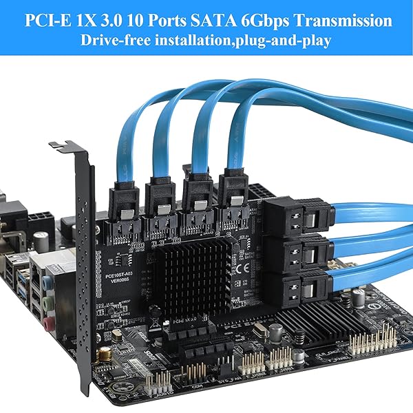 BEYIMEI BEYIMEI PCIe 1X SATA Card 10 Ports 6 Gbps SATA 3.0 Controller Expansion Card Non Raid Supports 10 SATA Devices with Low Profile Bracket and Cables - View 5 of 8