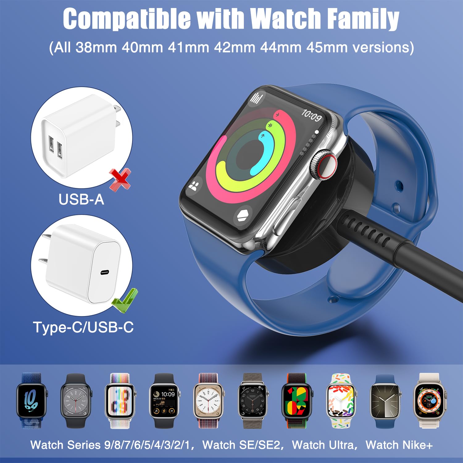 Essri Apple Watch Charger USB C Magnetic Fast Charging Cable 1Pack 3.3FT Compatible with Ultra Series 9 8 7 6 SE 5 4 3 2 1 Black - View 3 of 7