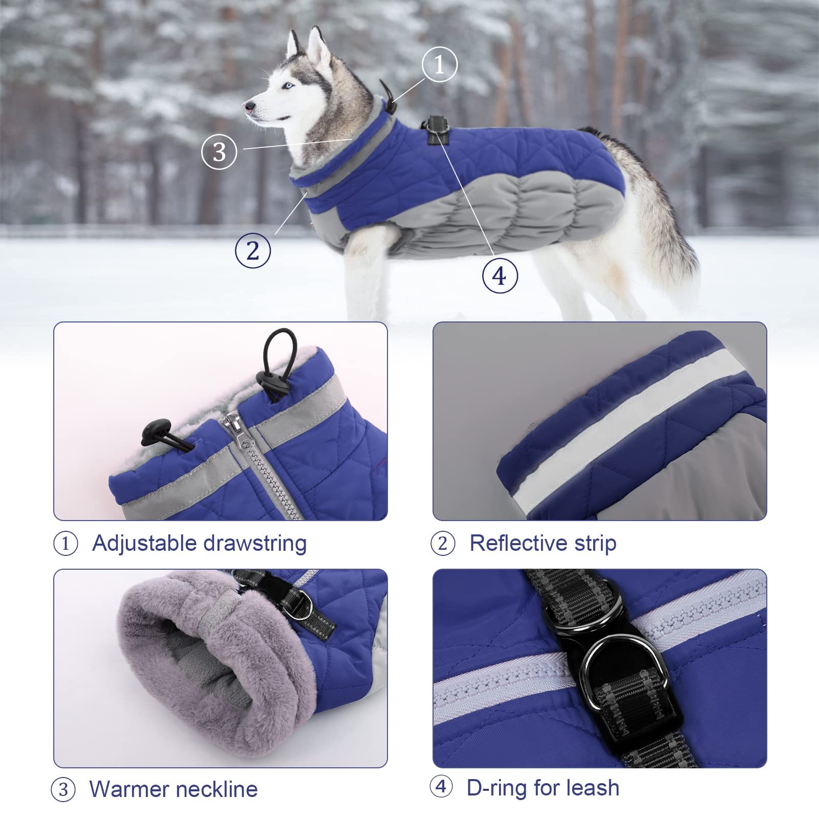 LeLePet Lelepet Waterproof Winter Dog Coat with Harness Reflective Fleece Vest Adjustable Neckline Zippered for Small Medium Large Dogs Blue XL - View 2 of 5