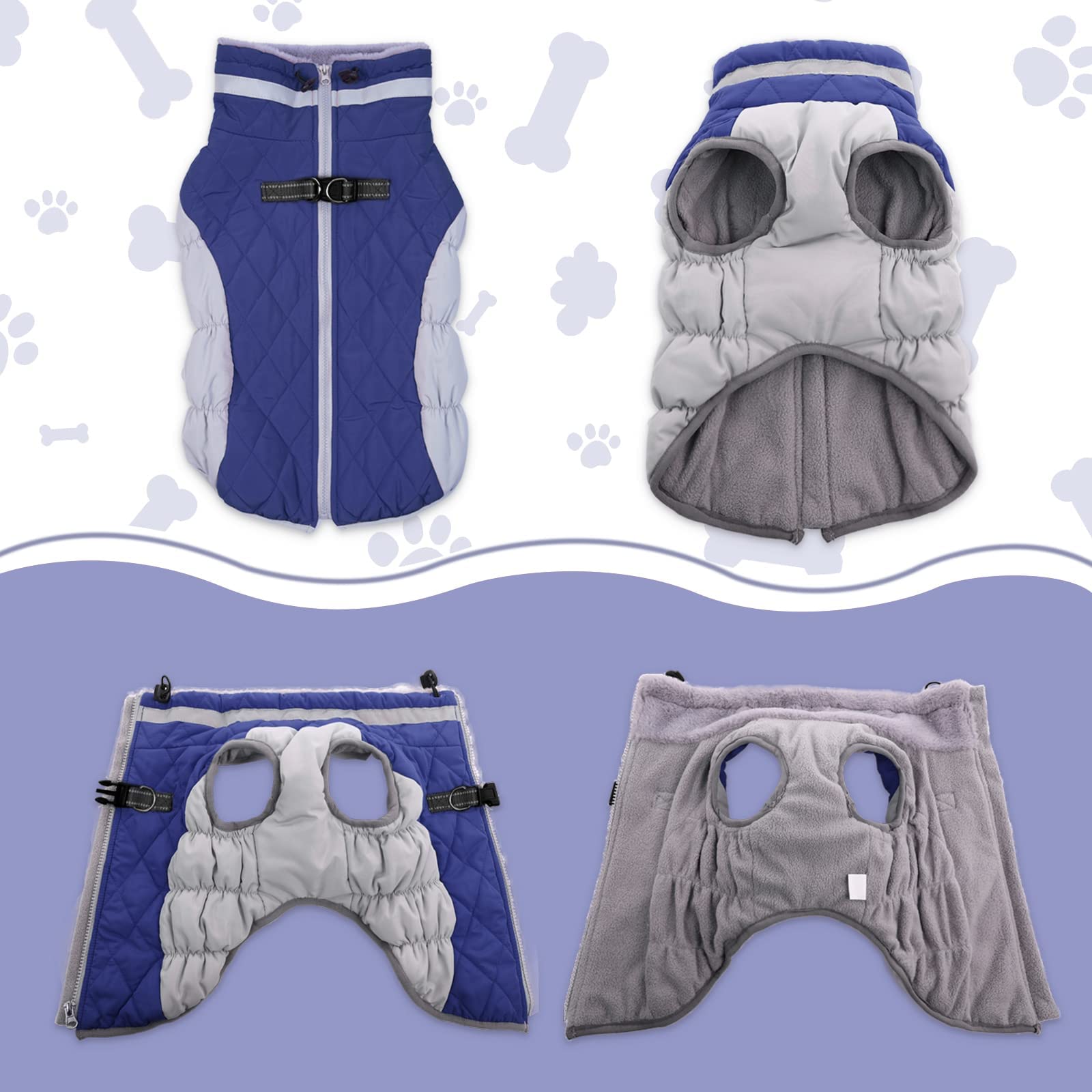 LeLePet Lelepet Waterproof Winter Dog Coat with Harness Reflective Fleece Vest Adjustable Neckline Zippered for Small Medium Large Dogs Blue XL - View 3 of 5