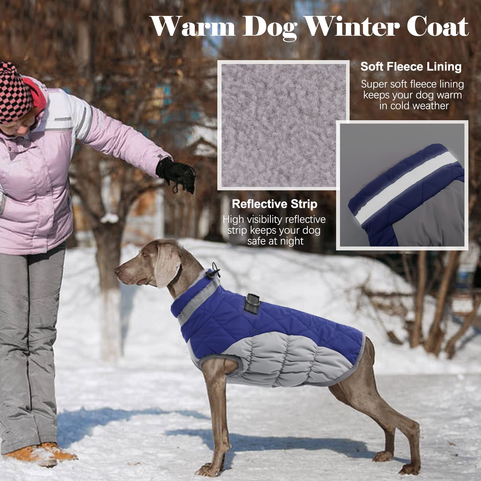 LeLePet Lelepet Waterproof Winter Dog Coat with Harness Reflective Fleece Vest Adjustable Neckline Zippered for Small Medium Large Dogs Blue XL - View 4 of 5
