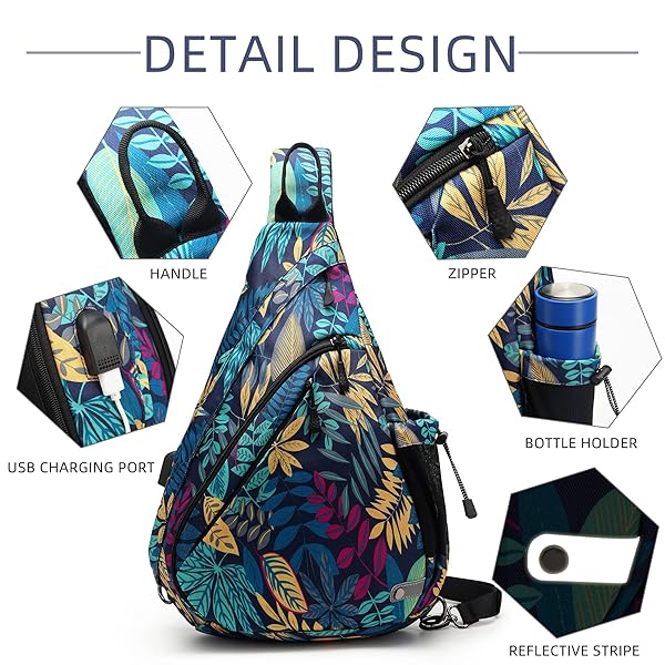 TurnWay TurnWay Water-Proof Sling Bag Crossbody Backpack Shoulder Bag with USB Charging Port for Travel Hiking Cycling Camping Palma Leaf - View 3 of 9