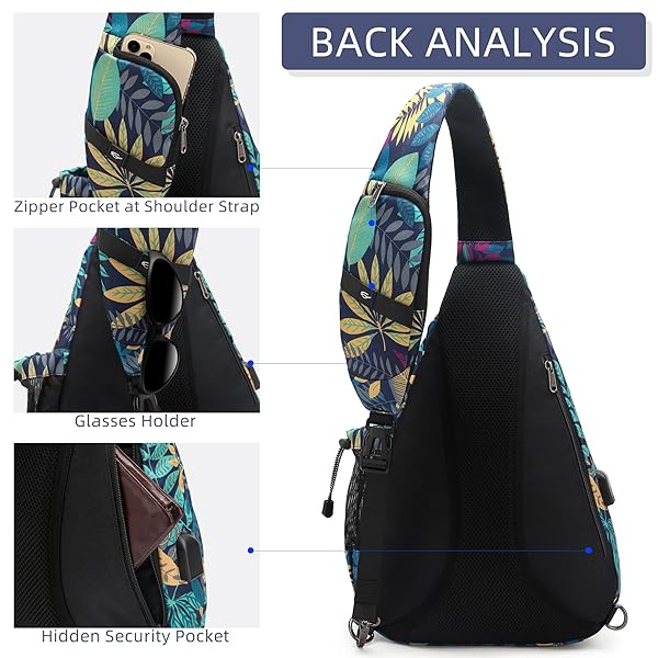 TurnWay TurnWay Water-Proof Sling Bag Crossbody Backpack Shoulder Bag with USB Charging Port for Travel Hiking Cycling Camping Palma Leaf - View 4 of 9