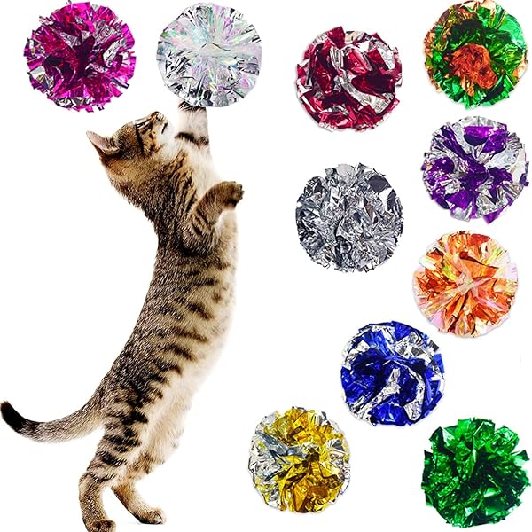 Muluo 30 Pcs Crinkle Balls Cat Toys Sparkle Balls Mylar Glitter Pom Pom Tinsel Balls Color Random Fun Playtime for Cats - View 7 of 8