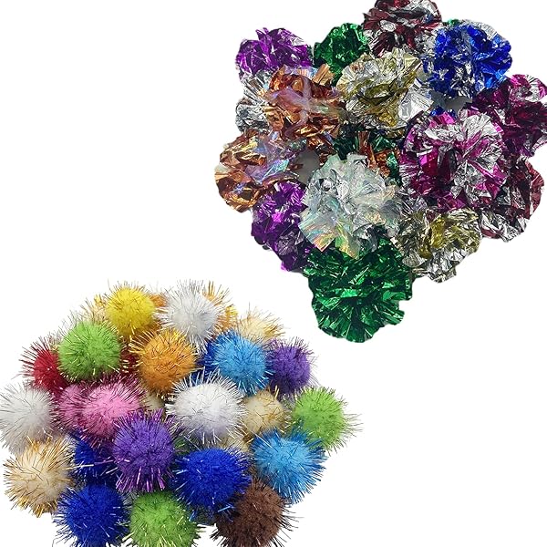 Muluo 30 Pcs Crinkle Balls Cat Toys Sparkle Balls Mylar Glitter Pom Pom Tinsel Balls Color Random Fun Playtime for Cats