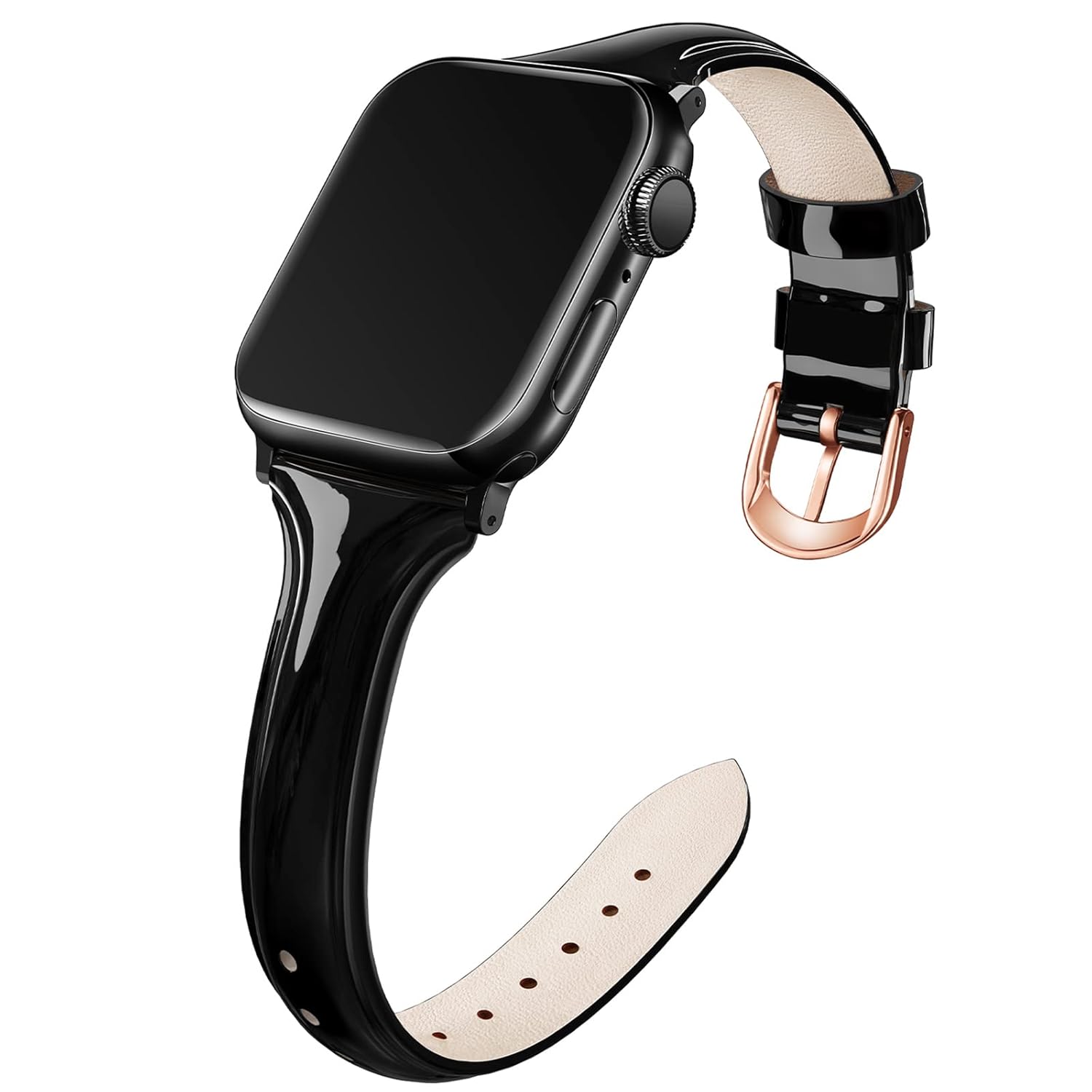Mazoft Mazoft Patent Leather Slim Bands for Apple Watch 38mm to 49mm Glossy Leather Women Thin Strap for iWatch Ultra Series 1 to 9 Black