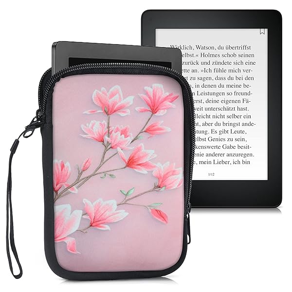 kwmobile "KWMobile 6" Neoprene e-Reader Pouch - Universal Pink/White Sleeve Case with Zipper & Wrist Strap" - View 7 of 9