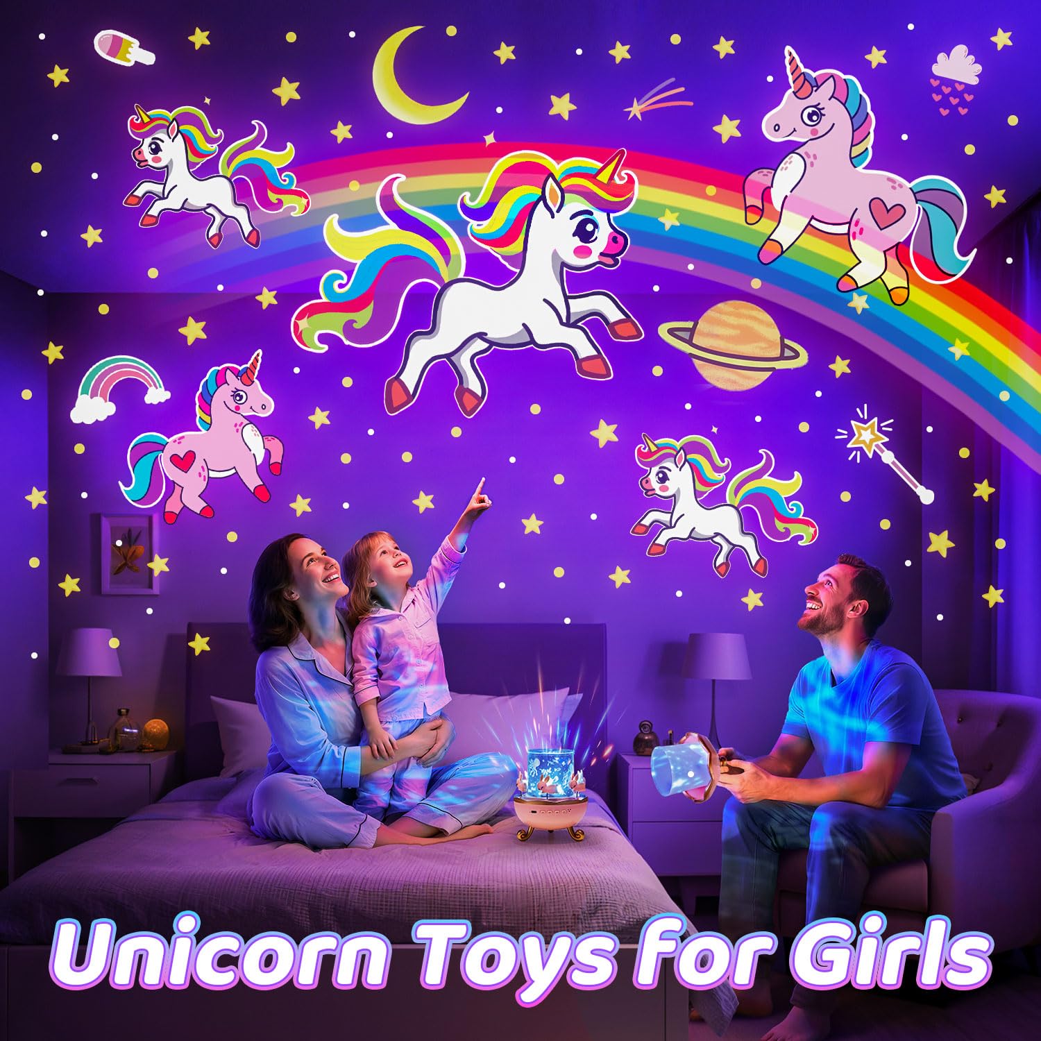 One Fire One Fire Night Light Projector for Kids,Unicorn Toys with 315 Lighting+15 Films,15 Music Sound Machine Baby,360°Rotate+Remote+Dimmable Ceiling Star Projector for Kid Room Decor,Birthday Gift for Girl - View 2 of 9