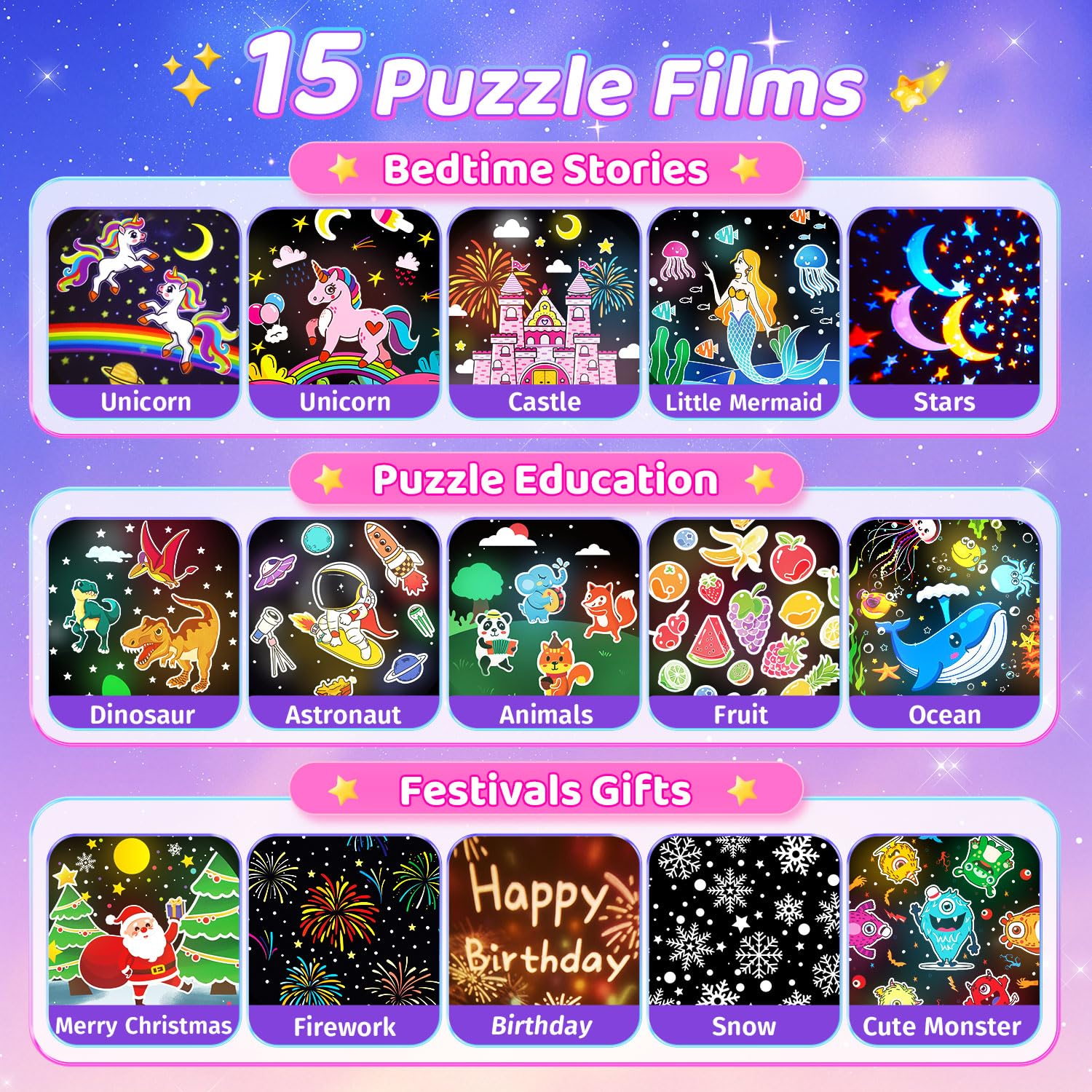 One Fire One Fire Night Light Projector for Kids,Unicorn Toys with 315 Lighting+15 Films,15 Music Sound Machine Baby,360°Rotate+Remote+Dimmable Ceiling Star Projector for Kid Room Decor,Birthday Gift for Girl - View 4 of 9