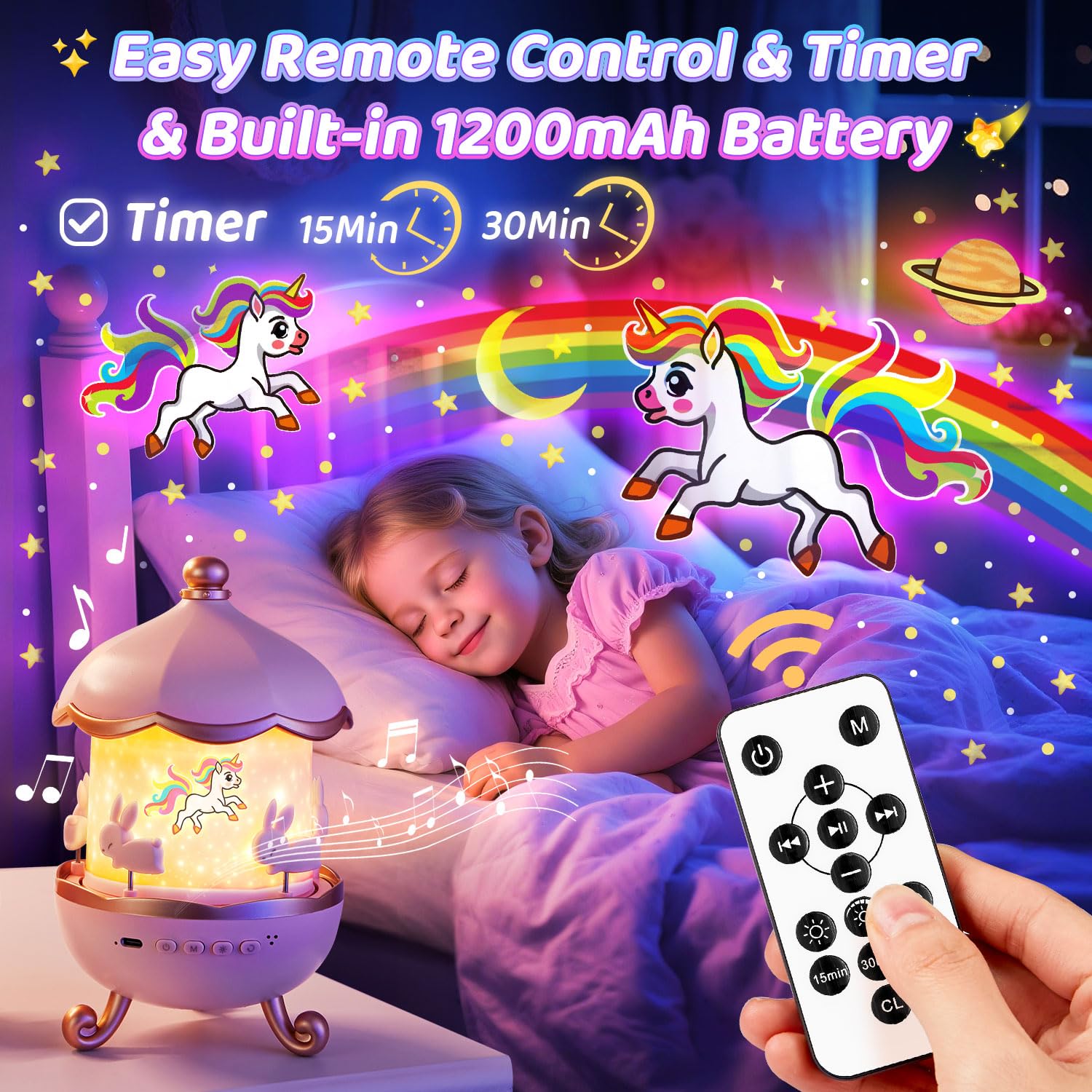 One Fire One Fire Night Light Projector for Kids,Unicorn Toys with 315 Lighting+15 Films,15 Music Sound Machine Baby,360°Rotate+Remote+Dimmable Ceiling Star Projector for Kid Room Decor,Birthday Gift for Girl - View 8 of 9