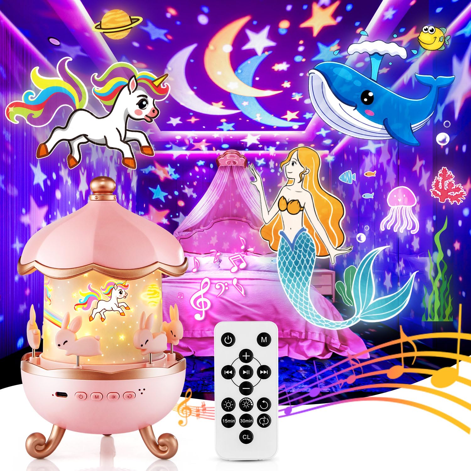 One Fire One Fire Night Light Projector for Kids,Unicorn Toys with 315 Lighting+15 Films,15 Music Sound Machine Baby,360°Rotate+Remote+Dimmable Ceiling Star Projector for Kid Room Decor,Birthday Gift for Girl