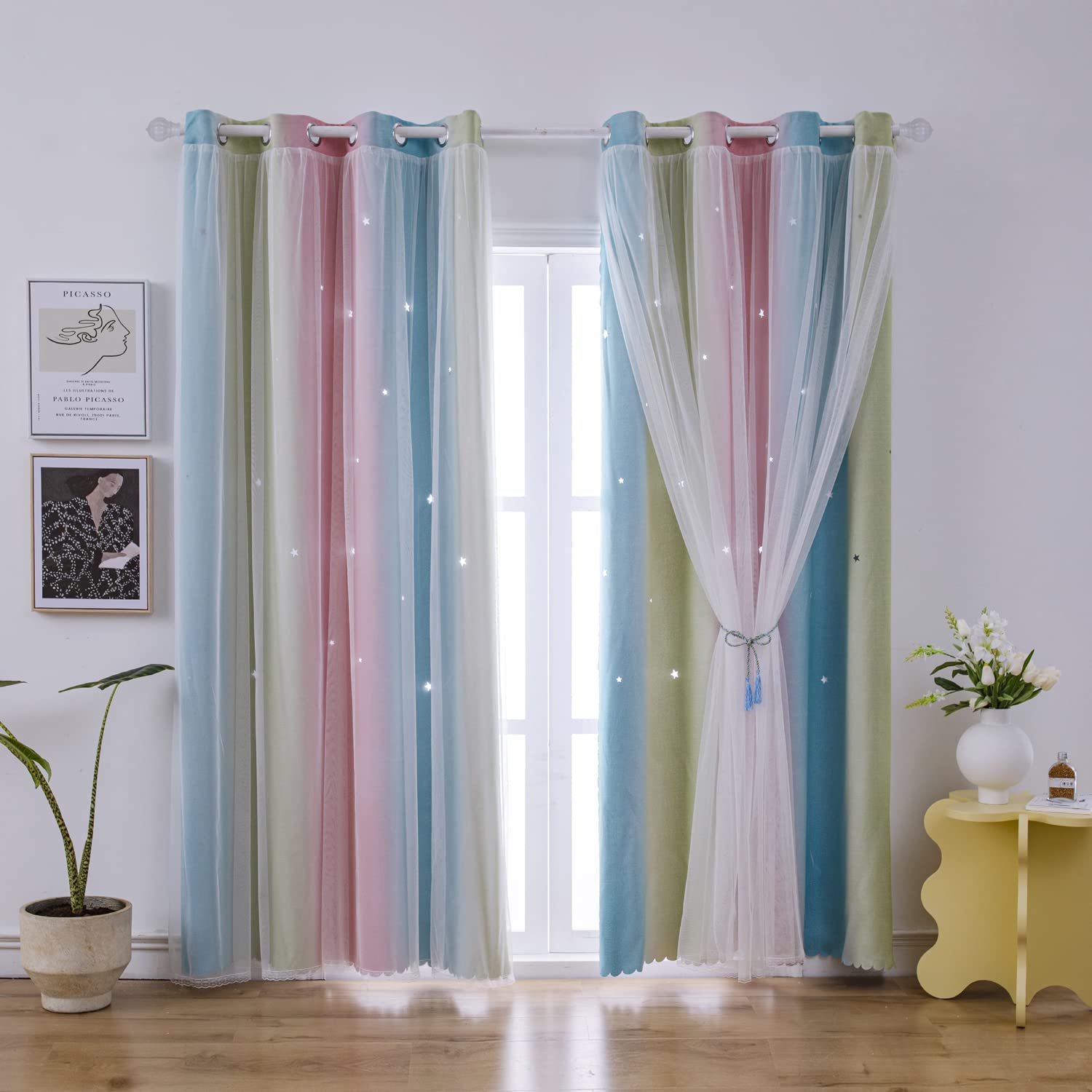 ZHUHAN ZHUHAN Ombre Rainbow Blackout Curtains for Kids Bedroom Living Room Double Layer Star Cut Out Gradient Grommet Window Decor 52W x 63L