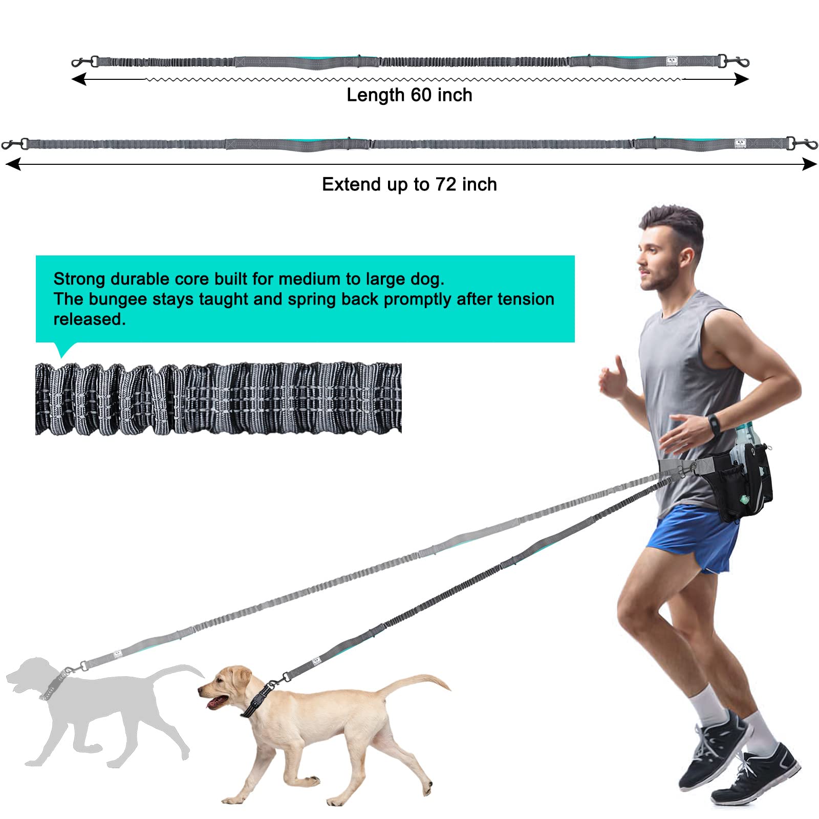 SHINE HAI SHINE HAI Retractable Hands Free Dog Leash for 2 Dogs with Adjustable Waist Belt Reflective Stitching Ideal for Running Walking Hiking Biking Black - View 4 of 8