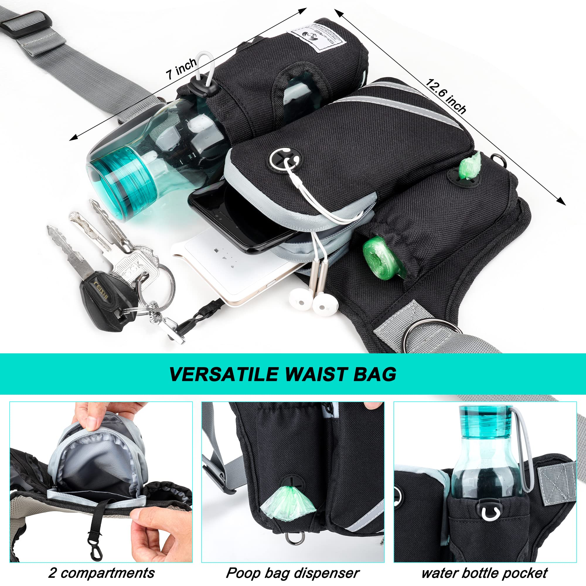 SHINE HAI SHINE HAI Retractable Hands Free Dog Leash for 2 Dogs with Adjustable Waist Belt Reflective Stitching Ideal for Running Walking Hiking Biking Black - View 6 of 8