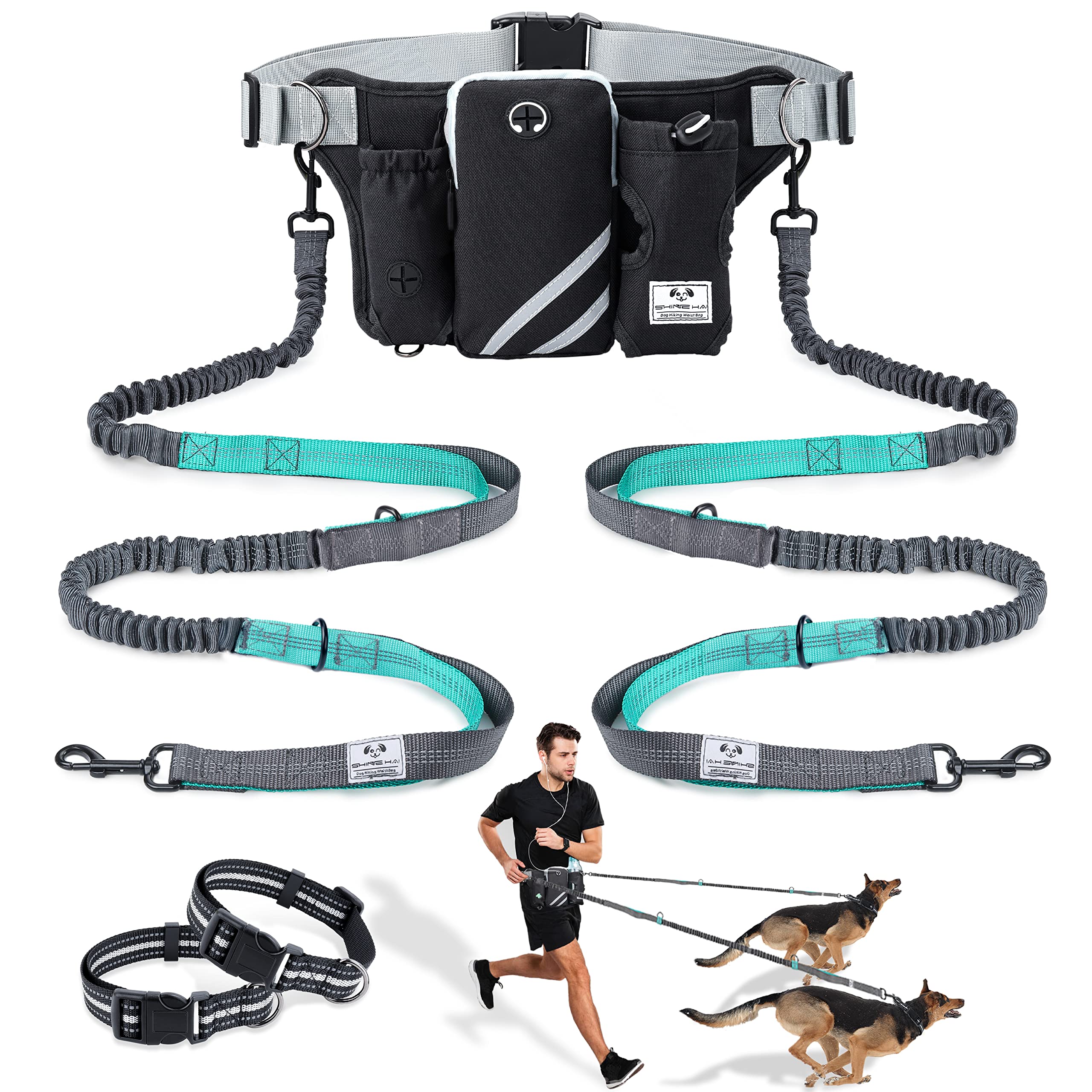 SHINE HAI SHINE HAI Retractable Hands Free Dog Leash for 2 Dogs with Adjustable Waist Belt Reflective Stitching Ideal for Running Walking Hiking Biking Black