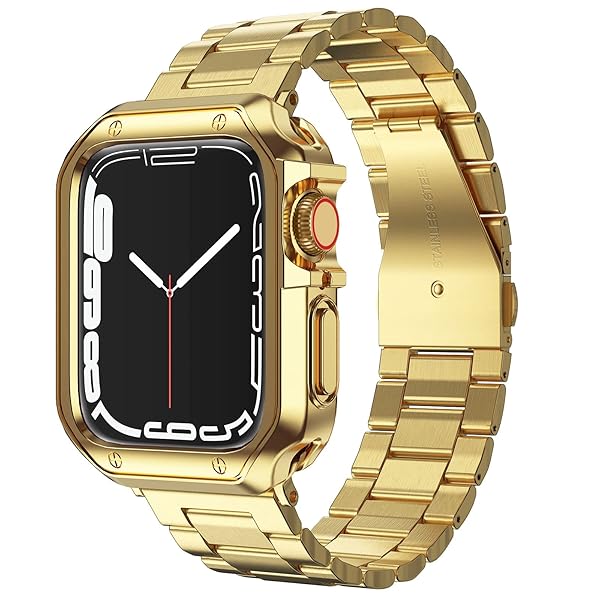 MRYUESG Gold Stainless Steel Apple Watch Band & Case - Compatible with Series 1-9, 45mm/44mm/42mm - Stylish Link Bracelet Strap
